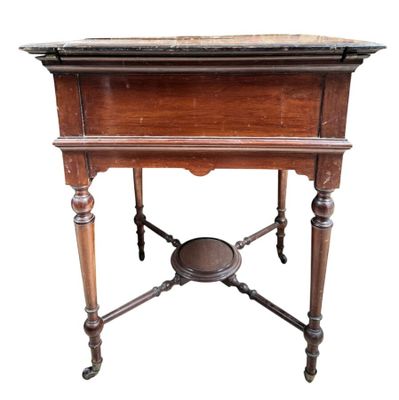 an old wooden table with a marble top on a white background