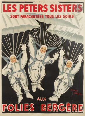 an old french poster of three women parachuding with parachutes