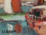 a painting of a boat on the water with a sailboat in the background