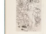 un livre ouvert sur lequel figure le dessin d'une femme debout devant un arbre