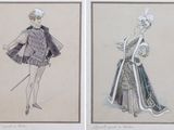 two drawings of a woman in a dress and a man in a coat