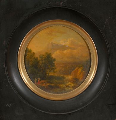 painting of a landscape in a black frame with a gold border