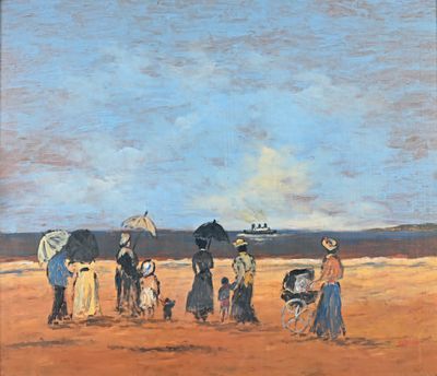 tableau représentant un groupe de personnes debout sur une plage, avec des parasols