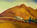 une peinture à l'huile représentant un homme labourant un champ avec un cheval blanc