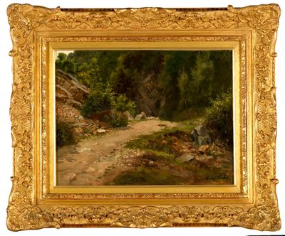 une image représentant un tableau d'un chemin de terre dans une zone boisée
