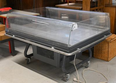 a table with a glass case on it in a room