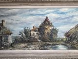 une peinture à l'huile représentant une scène de village avec une rivière et des maisons