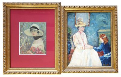 ECOLE XXème, "Mère et fille", huile sur toile signée en bas …