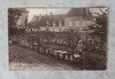 une vieille photo d'un homme debout devant un jardin
