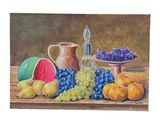 a painting of fruit and a pitcher on a table