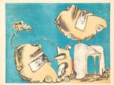 a drawing of a dog and a cat playing with a car