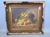 painting of a basket of fruit with grapes, peaches, and plums