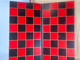 a red and black checkered board in a red case