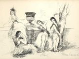 dessin représentant un groupe de femmes assises autour d'une table, avec un vase en arrière-plan