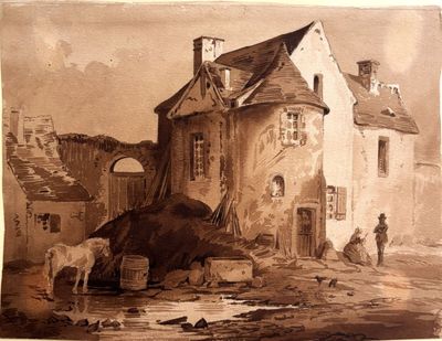 dessin représentant un vieux bâtiment devant lequel se tient un cheval