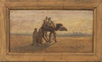 une peinture à l'huile représentant un homme chevauchant un chameau dans le désert