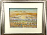 painting of a beach scene with people walking on the sand