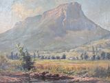 painting of a landscape with a mountain in the distance and a river in the foreground