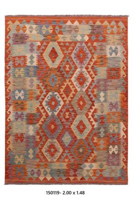 Kilim Afghan en laine fond rouge et beige 200 x 148