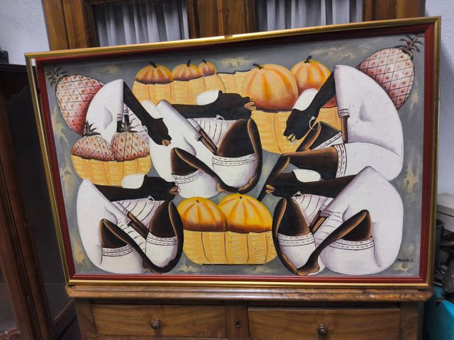 MARCELIN B. « Quatre Africaines et paniers de fruits ». Acrylique...