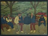 a painting of a group of people sitting on a bench