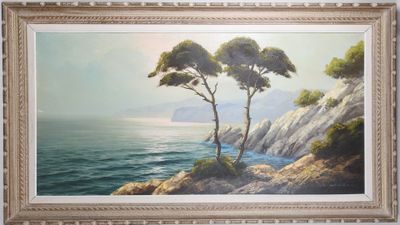 tableau représentant deux arbres au bord d'une falaise surplombant l'océan