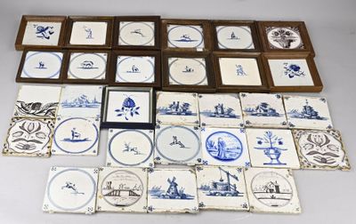 a lot of blue and white tiles on the table