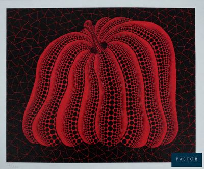 a painting of a red pumpkin on a black background