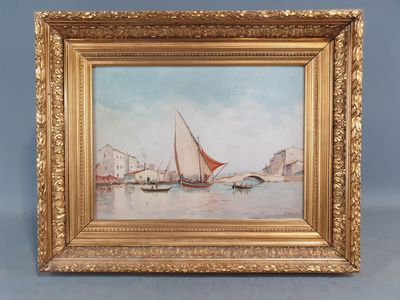 une peinture représentant un voilier sur l'eau, avec un pont en arrière-plan