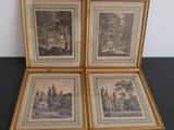 three framed pictures of a house and trees on a table