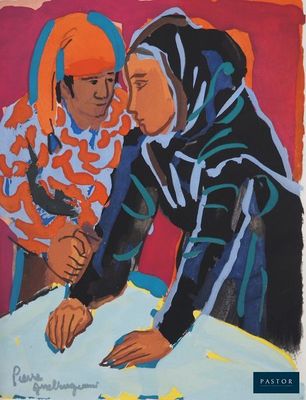 tableau représentant deux femmes regardant une feuille de papier posée sur une table