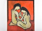 un tableau représentant deux femmes assises sur une surface rouge
