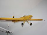a toy airplane hanging on the wall in a room
