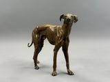bronze statue of a dog standing on a white surface