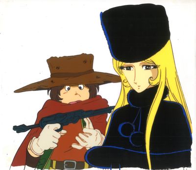 an image of a cartoon picture of a woman with a gun and a man with a hat