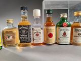 bottles of different types of alcohol lined up on a counter