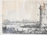 a picture of a drawing of a city with boats in the water