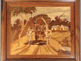 tableau représentant un chariot tiré par deux chevaux sur un chemin de terre