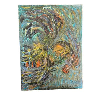peinture abstraite représentant un coq sur fond bleu