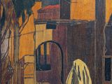 a painting of a woman walking down a street