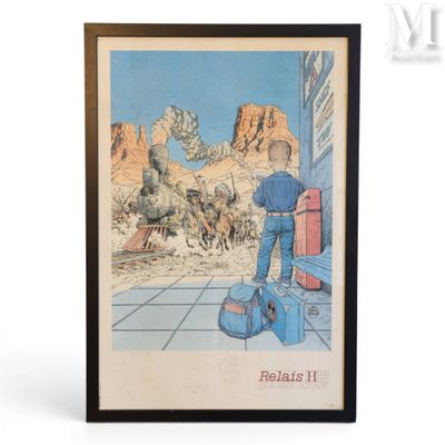 tableau représentant un homme debout devant une montagne, une valise à la main