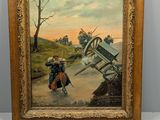 une peinture à l'huile représentant un homme et une femme marchant sur une route