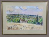 tableau représentant un paysage avec une ferme au premier plan et des moutons qui paissent au premier plan