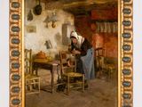 tableau représentant une femme dans une cuisine avec une table et des chaises
