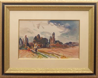 une image représentant une aquarelle représentant un paysage, dans un cadre doré