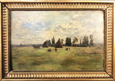 l'image d'une peinture d'un champ avec des arbres en arrière-plan
