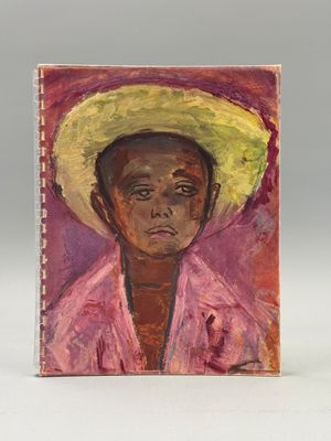 tableau représentant un homme noir coiffé d'un chapeau de paille sur fond rose
