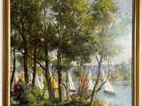 un tableau représentant des voiliers sur l'eau, près des arbres