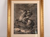 an old picture of a man riding a horse in a gold frame