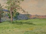 une image représentant un tableau d'un champ avec des arbres et des montagnes en arrière-plan